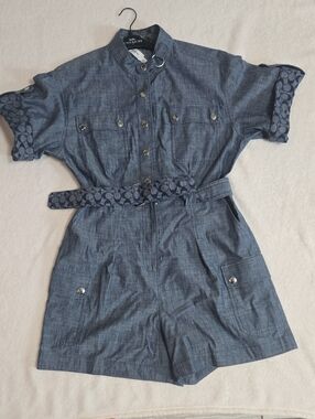 Brand new Coach Chambray Short-Sleeve Romper with Signature Belt